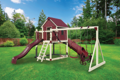 Green large fenced backyard with trees.